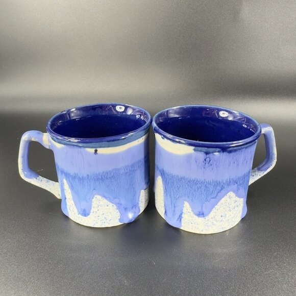 Vintage 1980s Blue Drip Glaze Pottery Coffee Mug Cup Set 2 Hand Made Stoneware - Picture 16 of 16